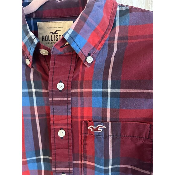 Hollister Button Down Shirt Long Sleeve Mens Medium Red Plaid Fast Ship - Picture 3 of 6